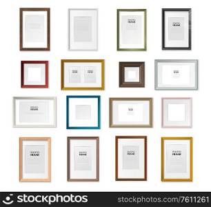 Different types square and rectangular picture frames various sizes material texture color realistic mockup set vector illustration
