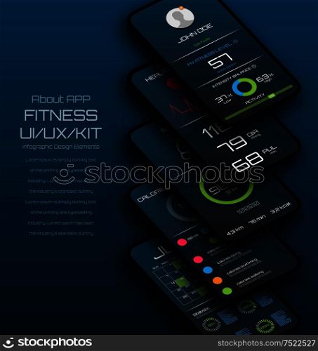 Different UI, UX, GUI Screens Fitness App. Mock Up Mobile App, Analysis - Illustration Vector. Different UI, UX, GUI Screens Fitness App. Mock Up Mobile App, Analysis