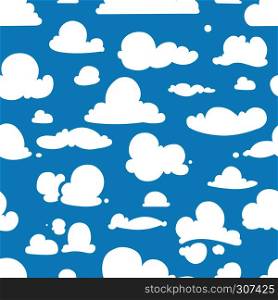 Different vector clouds on blue sky. Seamless pattern in cartoon style. Sky with white clouds, illustration of nature cartoon sky. Different vector clouds on blue sky. Seamless pattern in cartoon style