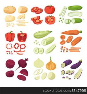 Different vegetables, peeled and unpeeled potato, ripe tomato and cucumber, bell pepper and paprika, aubergine and zucchini, onion and beetroot. Vegetarian and vegan menu, vector in flat style. Vegetables healthy eating and dieting organic