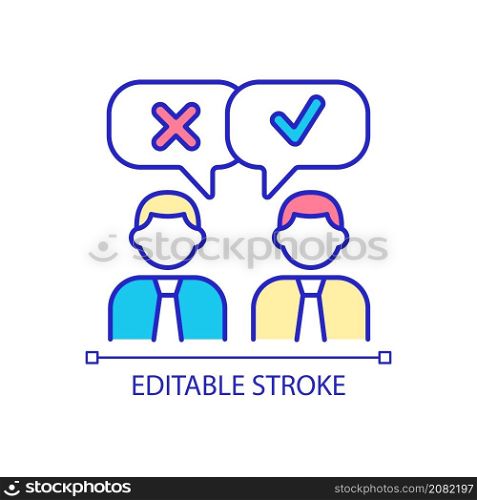 Different viewpoints RGB color icon. Clear and respectful communication. Teamwork and partnership. Isolated vector illustration. Simple filled line drawing. Editable stroke. Arial font used. Different viewpoints RGB color icon