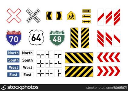 Different warning road signs isolated on white. Set of different warning road signs isolated on white