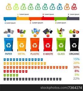 Different waste collection and special buckets set, vector illustration with trash containers for various types of rubbish, statistical infographic. Different Waste Collection and Special Buckets Set