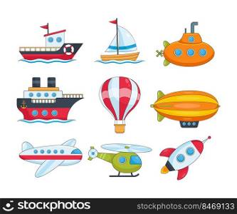 Different water and air transport vector illustrations set. Collection of cartoon drawings of boat, flying plane, helicopter, space ship, airship isolated on white background. Transportation concept