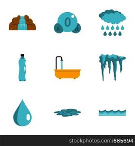 Different water form icon set. Flat set of 9 different water form vector icons for web isolated on white background. Different water form icon set, flat style