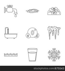 Different water form icon set. Outline set of 9 different water form vector icons for web isolated on white background. Different water form icon set, outline style
