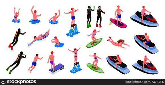 Different water sports isometric icon set with surfing windsurfing diving swimming and other types of sports vector illustration