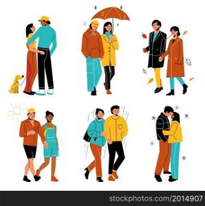 Different weather walking. Happy couple walks in clothes for different seasons, various times of year outfits, spring and summer, winter and autumn outdoor activity. Snow or sun. Vector isolated set. Different weather walking. Happy couple walks in clothes for different seasons, various times of year outfits, spring and summer, winter and autumn outdoor activity. Vector isolated set