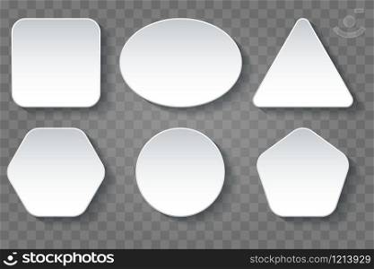 Different White 3d blank square and rounded buttons. Button banner round, badge interface for application. Vector illustration