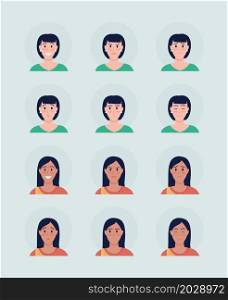 Different women face expressions semi flat color vector character avatar set. Portrait from front view. Isolated modern cartoon style illustration for graphic design and animation pack. Different women face expressions semi flat color vector character avatar set