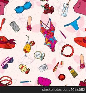 Different women's summer things for beach. Seamless pattern. Fashion llustration. Vector image.