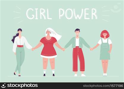 Different women stand in a row and hold hands. Female solidarity concept, girl power, body positive. Flat vector female characters