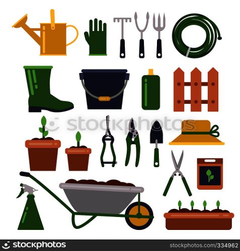 Different work tools for gardening. Vector icons set in flat style. Garden equipment wheelbarrow and pruner for farming illustration. Different work tools for gardening. Vector icons set in flat style