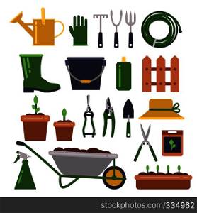 Different work tools for gardening. Vector icons set in flat style. Garden equipment wheelbarrow and pruner for farming illustration. Different work tools for gardening. Vector icons set in flat style
