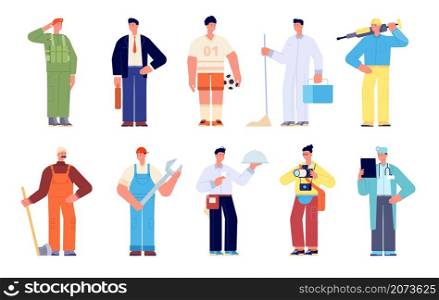 Different workers. Group young working characters, diversity professions. Builder worker, doctor businessman. Job occupation utter vector set. Illustration businessman and different employee. Different workers. Group young working characters, diversity professions. Builder worker, doctor businessman. Job occupation utter vector set