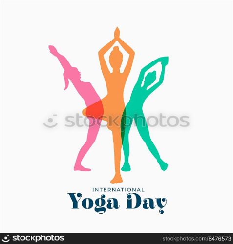 different yoga poses in colorful women silhouette for yoga day
