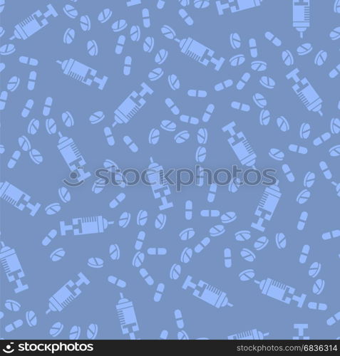 Diffetent Pills Isolated on Blue Background. Seamless Medical Pattern. Pills Seamless Medical Pattern