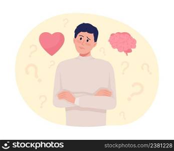 Difficult choice 2D vector isolated illustration. Doubtful man flat character on cartoon background. Mind and heart. Listen to heart colourful scene for mobile, website, presentation. Difficult choice 2D vector isolated illustration