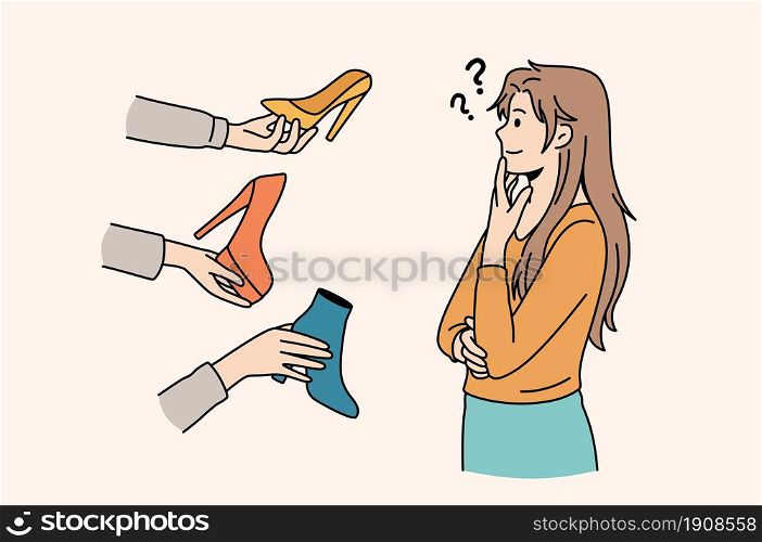 Difficult choice and variety concept. Young frustrated woman cartoon character standing trying to choose colorful shoes vector illustration . Difficult choice and variety concept.