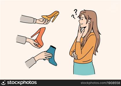 Difficult choice and variety concept. Young frustrated woman cartoon character standing trying to choose colorful shoes vector illustration . Difficult choice and variety concept.
