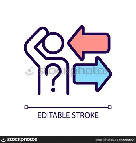 Difficult choice RGB color icon. Thinking person, question mark and arrows. Problem solving. Isolated vector illustration. Simple filled line drawing. Editable stroke. Arial font used. Difficult choice RGB color icon