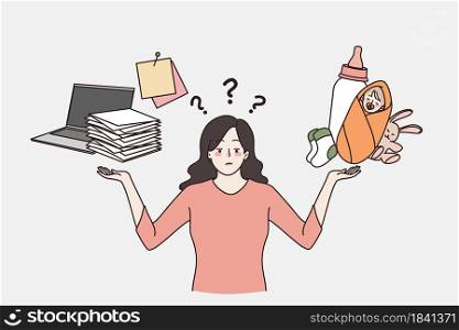 Difficult Female choice problem concept. Young frustrated stressed Woman standing choosing between family and career making responsible choose vector illustration. Difficult Female choice problem concept