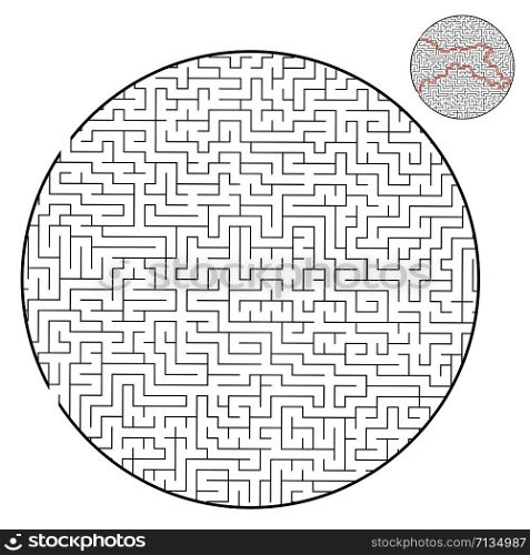 Difficult round labyrinth. Game for kids and adults. Puzzle for children. Labyrinth conundrum. Flat vector illustration isolated on white background. With answer. Difficult round labyrinth. Game for kids and adults. Puzzle for children. Labyrinth conundrum. Flat vector illustration isolated on white background. With answer.