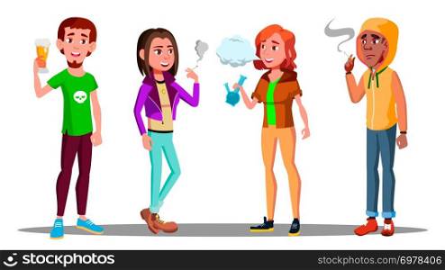 Difficult Teenagers - Alcohol, Cigarettes, Drugs Addiction Vector Illustration. Difficult Teenagers - Alcohol, Cigarettes, Drugs Addiction Vector. Isolated Illustration