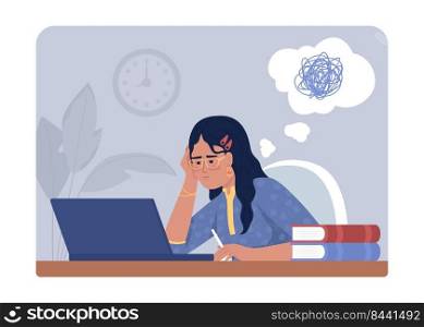 Difficult to concentrate on homework 2D vector isolated illustration. Girl struggling with ADHD flat character on cartoon background. Colourful editable scene for mobile, website, presentation. Difficult to concentrate on homework 2D vector isolated illustration