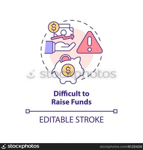 Difficult to raise funds concept icon. Cooperative society disadvantage abstract idea thin line illustration. Isolated outline drawing. Editable stroke. Arial, Myriad Pro-Bold fonts used. Difficult to raise funds concept icon