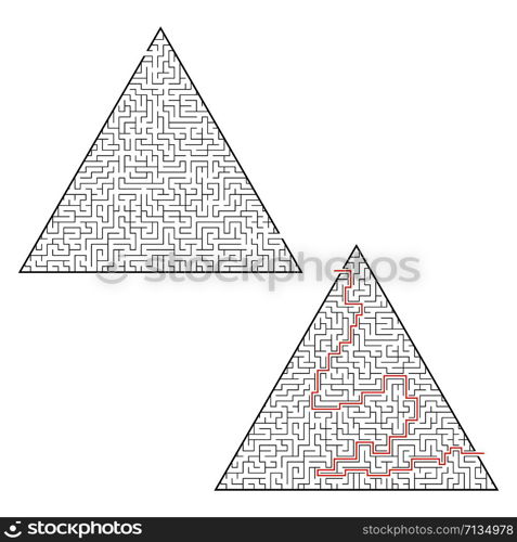 Difficult triangular labyrinth. Game for kids and adults. Puzzle for children. One entrance, one exit. Labyrinth conundrum. Flat vector illustration isolated on white background. With answer. Difficult triangular labyrinth. Game for kids and adults. Puzzle for children. One entrance, one exit. Labyrinth conundrum. Flat vector illustration isolated on white background. With answer.