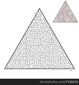 Difficult triangular labyrinth. Game for kids and adults. Puzzle for children. One entrance, one exit. Labyrinth conundrum. Flat vector illustration isolated on white background. With answer. Difficult triangular labyrinth. Game for kids and adults. Puzzle for children. One entrance, one exit. Labyrinth conundrum. Flat vector illustration isolated on white background. With answer.