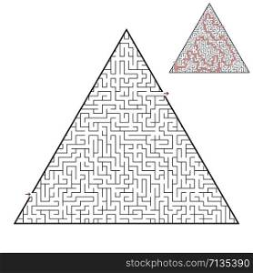 Difficult triangular labyrinth. Game for kids and adults. Puzzle for children. One entrance, one exit. Labyrinth conundrum. Flat vector illustration isolated on white background. With answer. Difficult triangular labyrinth. Game for kids and adults. Puzzle for children. One entrance, one exit. Labyrinth conundrum. Flat vector illustration isolated on white background. With answer.