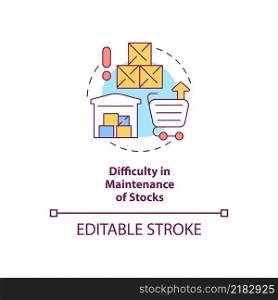 Difficulty in maintenance of stocks concept icon. Export business struggles abstract idea thin line illustration. Isolated outline drawing. Editable stroke. Arial, Myriad Pro-Bold fonts used. Difficulty in maintenance of stocks concept icon