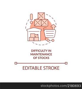 Difficulty in maintenance of stocks red concept icon. Export business struggles abstract idea thin line illustration. Isolated outline drawing. Editable stroke. Arial, Myriad Pro-Bold fonts used. Difficulty in maintenance of stocks red concept icon