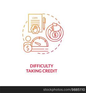 Difficulty taking credit red gradient concept icon. Denied loan. Problem acquiring mortgage. Financial crisis. Bankruptcy idea thin line illustration. Vector isolated outline RGB color drawing. Difficulty taking credit red gradient concept icon