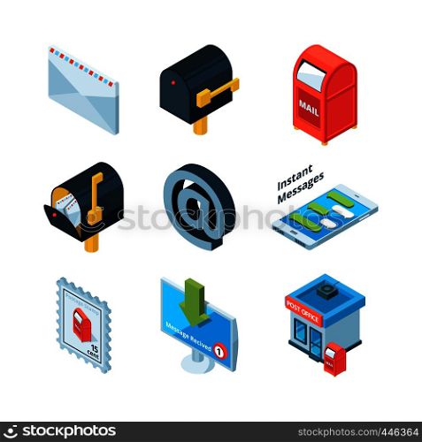 Diffrent postal symbols. Isometric pictures of mailbox, latters and email sign. Mailbox and postbox for mailing, envelope and e-mail. Vector illustration. Diffrent postal symbols. Isometric pictures of mailbox, latters and email sign