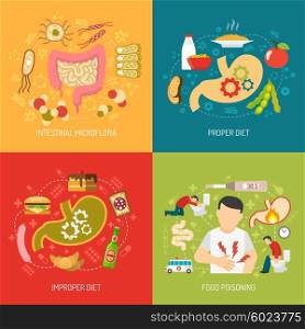 Digestion Concept Icons Set . Digestion concept icons set with intestinal microflora and proper diet symbols flat isolated vector illustration