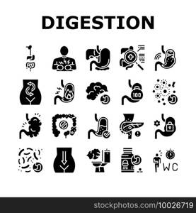 Digestion Disease And Treatment Icons Set Vector. Digestion System And Gastrointestinal Tract, Examining And Consultation, Heartburn And Gassing Glyph Pictograms Black Illustrations. Digestion Disease And Treatment Icons Set Vector