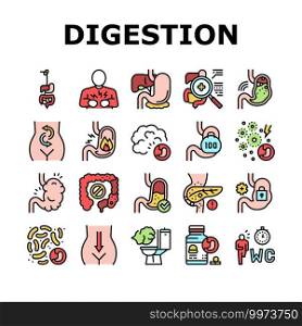 Digestion Disease And Treatment Icons Set Vector. Digestion System And Gastrointestinal Tract, Examining And Consultation, Heartburn And Gassing Concept Linear Pictograms. Contour Color Illustrations. Digestion Disease And Treatment Icons Set Vector