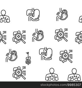 Digestion Disease And Treatment Icons Set Vector. Digestion System And Gastrointestinal Tract, Examining And Consultation, Heartburn And Gassing Black Contour Illustrations. Digestion Disease And Treatment Icons Set Vector