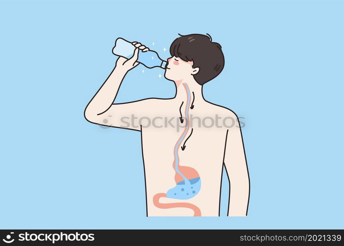 Digestive system and drinking water concept. Young boy standing drinking pure clean water going