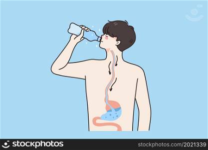 Digestive system and drinking water concept. Young boy standing drinking pure clean water going into his stomach living healthy lifestyle vector illustration . Digestive system and drinking water concept.