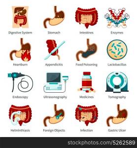 Digestive System Flat Icon Set. Colored and isolated digestive system flat icon set with stomach enzymes heartburn food poisoning and other descriptions vector illustration