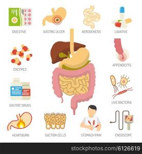 Digestive System Icons Set . Digestive system icons set with health problems symbols flat isolated vector illustration