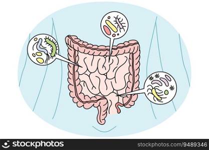 Digestive tract with bacteria inside. Person digestion organs intestines with virus. Healthcare and bowel. Vector illustration.. Person digestive tract with bacteria