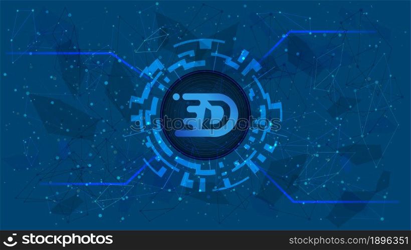 DIGEX token symbol of the DeFi project in a digital circle with a cryptocurrency theme on a blue background. Cryptocurrency icon. Decentralized finance programs. Copy space. Vector EPS10.