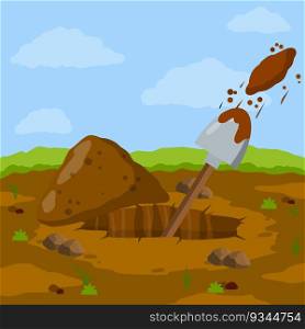 Digging hole and gardening. Shovel and dry brown earth. Grave and excavation. Pile dirt in summer landscape. Cartoon flat illustration