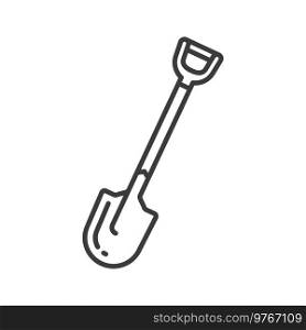 Digging tool isolated shovel spade outline icon. Vector trowel with long handle, farm tool digging, lifting, and moving bulk materials. Small c&spade with handle, building and repair instrument. Shovel isolated gardening tool outline linear icon