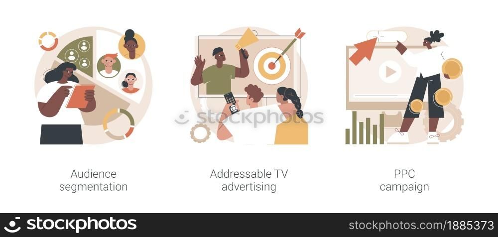 Digital ad campaign abstract concept vector illustration set. Audience segmentation, addressable TV advertising, PPC campaign, target marketing, search engine, driving traffic abstract metaphor.. Digital ad campaign abstract concept vector illustrations.